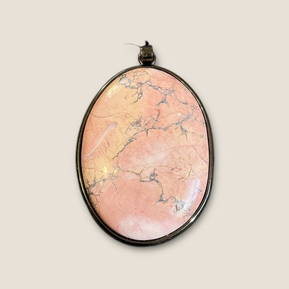 Large Pink Picture Jasper Silver Tone Pendant